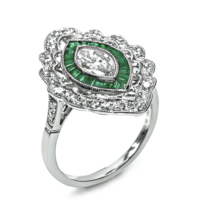 Vintage 1.03ct Diamond 0.58ct Emerald Gold Ring