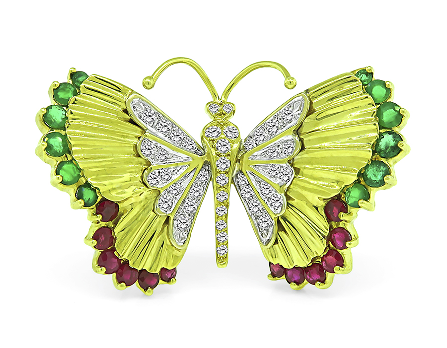 Estate 1.00ct Diamond 1.50ct Emerald 0.80ct Ruby Gold Butterfly Pin