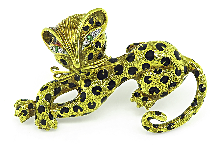 Estate Fred Enamel Diamond Gold Cat Pin