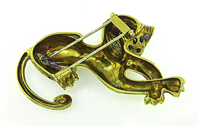 Estate Fred Enamel Diamond Gold Cat Pin