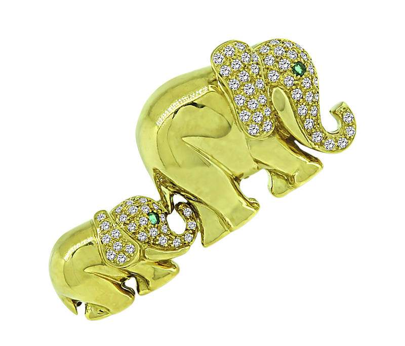 Estate 1.25ct Diamond Emerald Gold Mother and Child Elephant Pin