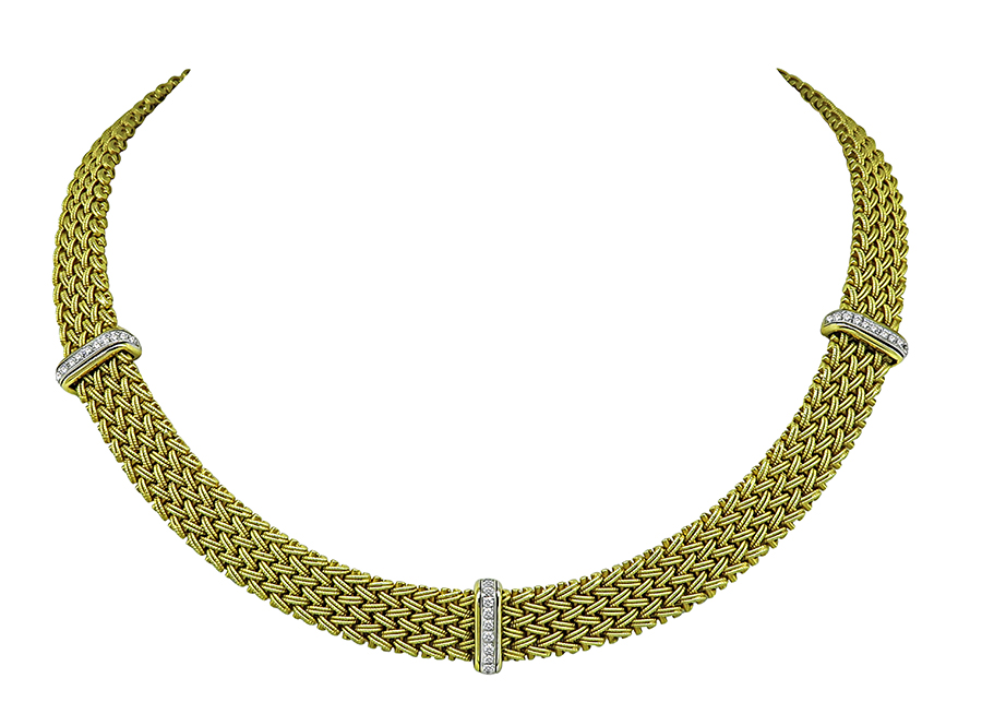 Estate Round Cut Diamond Gold Weave Necklace