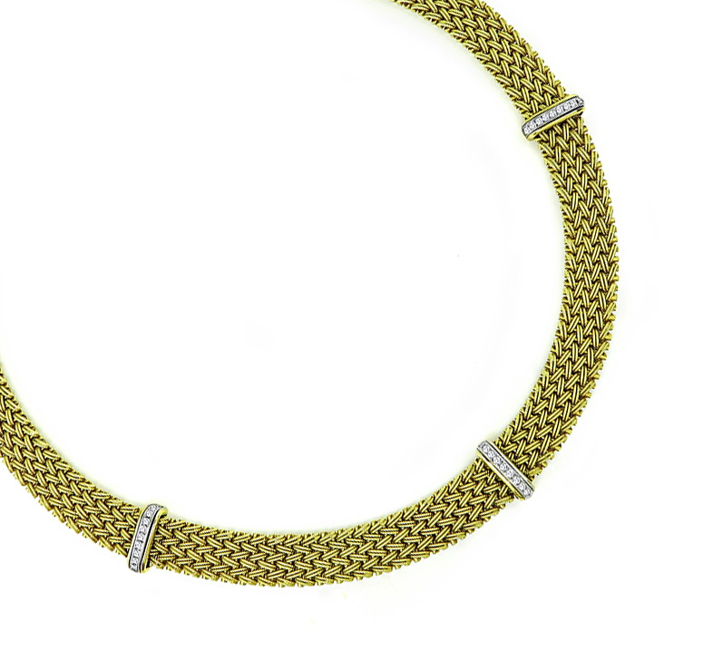Estate Round Cut Diamond Gold Weave Necklace