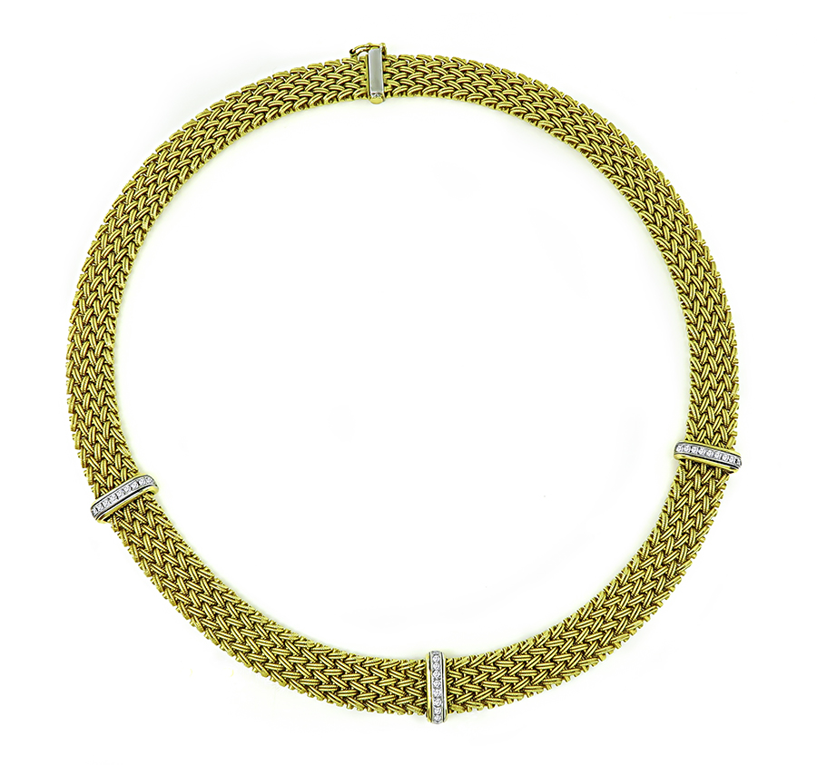 Estate Round Cut Diamond Gold Weave Necklace