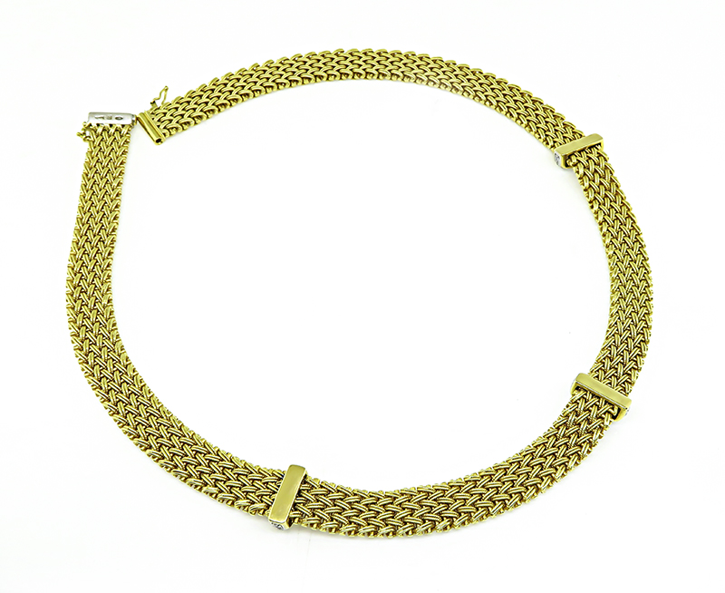 Estate Round Cut Diamond Gold Weave Necklace