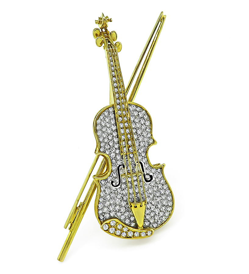 Vintage 3.50ct Round Cut Diamond Gold Enamel Violin Pin