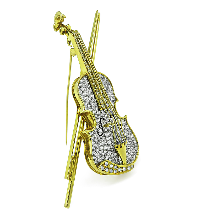 Vintage 3.50ct Round Cut Diamond Gold Enamel Violin Pin