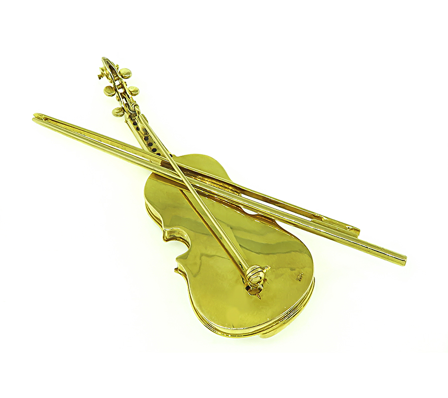 Vintage 3.50ct Round Cut Diamond Gold Enamel Violin Pin