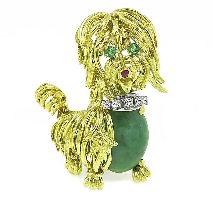 Estate Jadeite Diamond Emerald Gold Yorkie Pin
