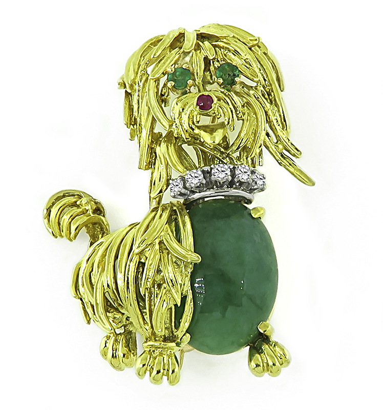 Estate Jadeite Diamond Emerald Gold Yorkie Pin