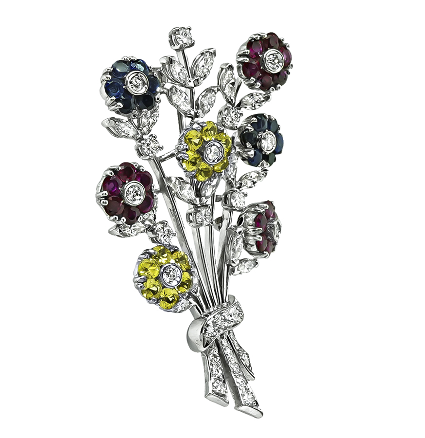 Estate 1.00ct Diamond 1.00ct Ruby 1.25ct Blue and Yellow Sapphire Pin