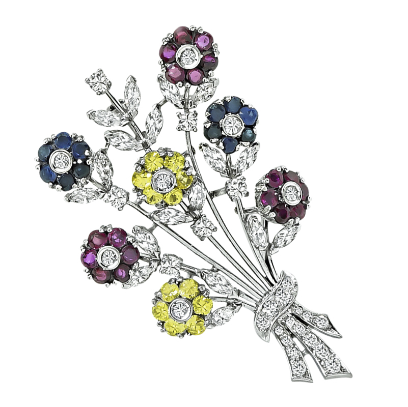 Estate 1.00ct Diamond 1.00ct Ruby 1.25ct Blue and Yellow Sapphire Pin