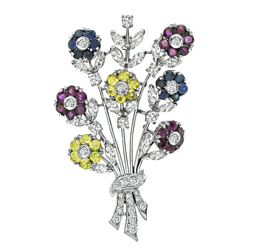 Estate 1.00ct Diamond 1.00ct Ruby 1.25ct Blue and Yellow Sapphire Pin