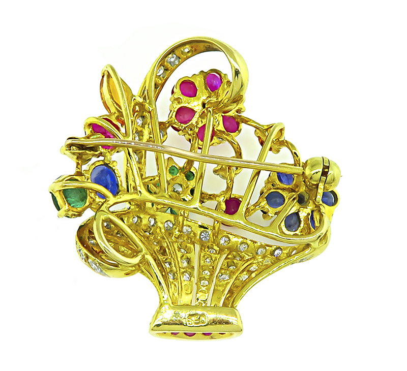 Estate 0.50ct Diamond 1.60ct Multi Color Gemstones Yellow Gold Basket Pin