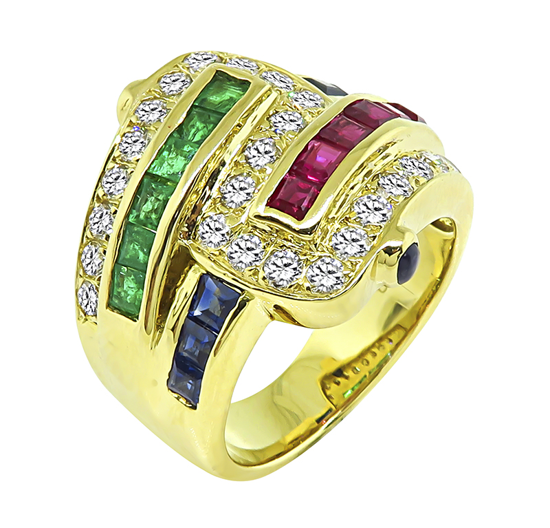 Estate 0.82ct Diamond 1.91ct Emerald Sapphire and Ruby Gold Ring