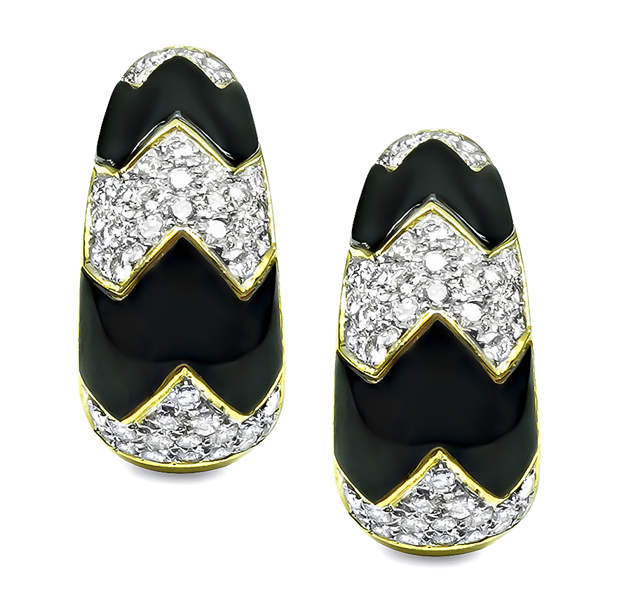 Estate 3.00ct Diamond Onyx Gold Earrings