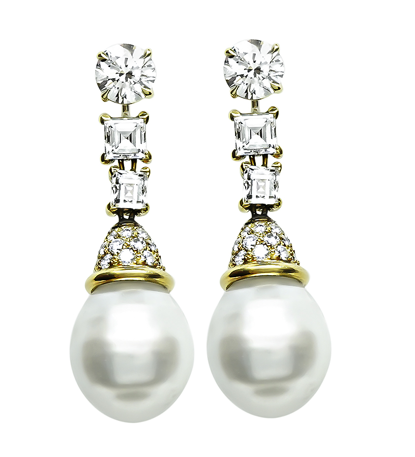 Estate 3.64ct Diamond Pearl Drop Earrings