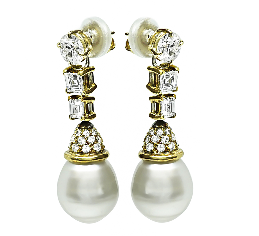 Estate 3.64ct Diamond Pearl Drop Earrings