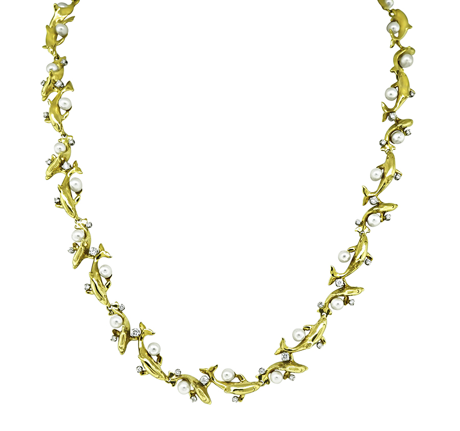 Estate 1.00ct Diamond Pearl Gold Dolphin Necklace