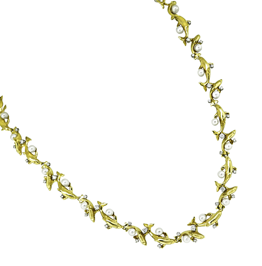 Estate 1.00ct Diamond Pearl Gold Dolphin Necklace