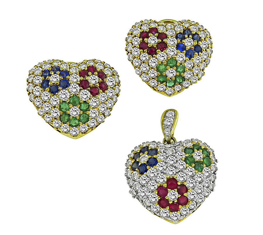 18k Gold Diamond Heart Pendant Earrings Set