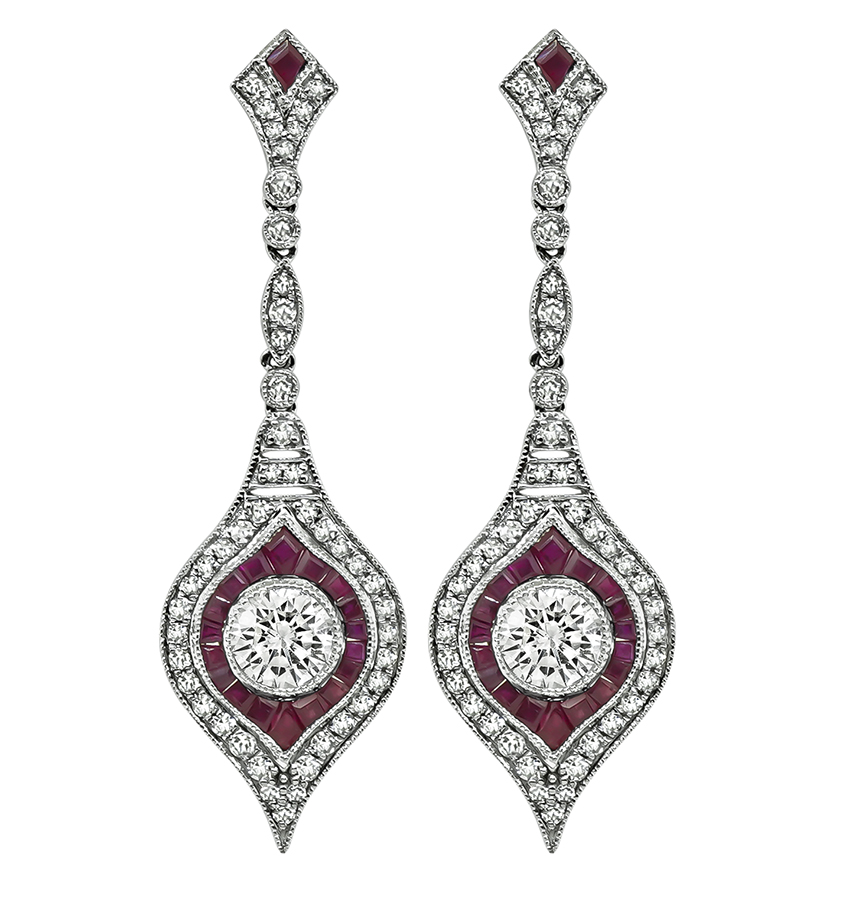 Estate 1.76ct Diamond 1.33ct Ruby Dangling Earrings