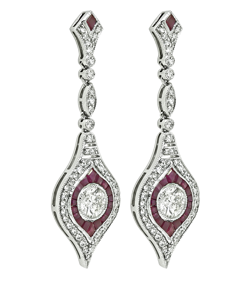 Estate 1.76ct Diamond 1.33ct Ruby Dangling Earrings