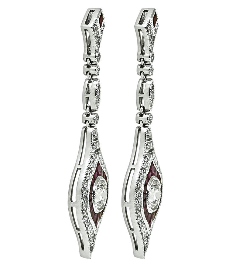 Estate 1.76ct Diamond 1.33ct Ruby Dangling Earrings