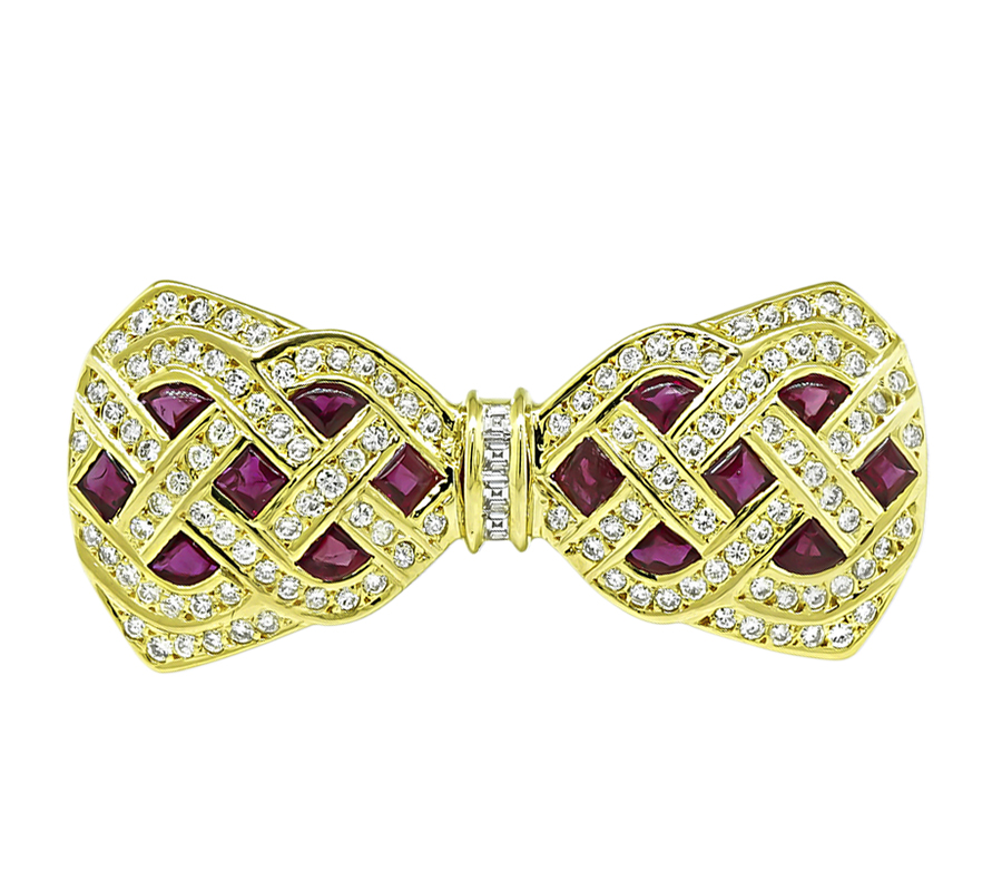 Estate 2.92ct Ruby 2.05ct Diamond Gold Bow Pin