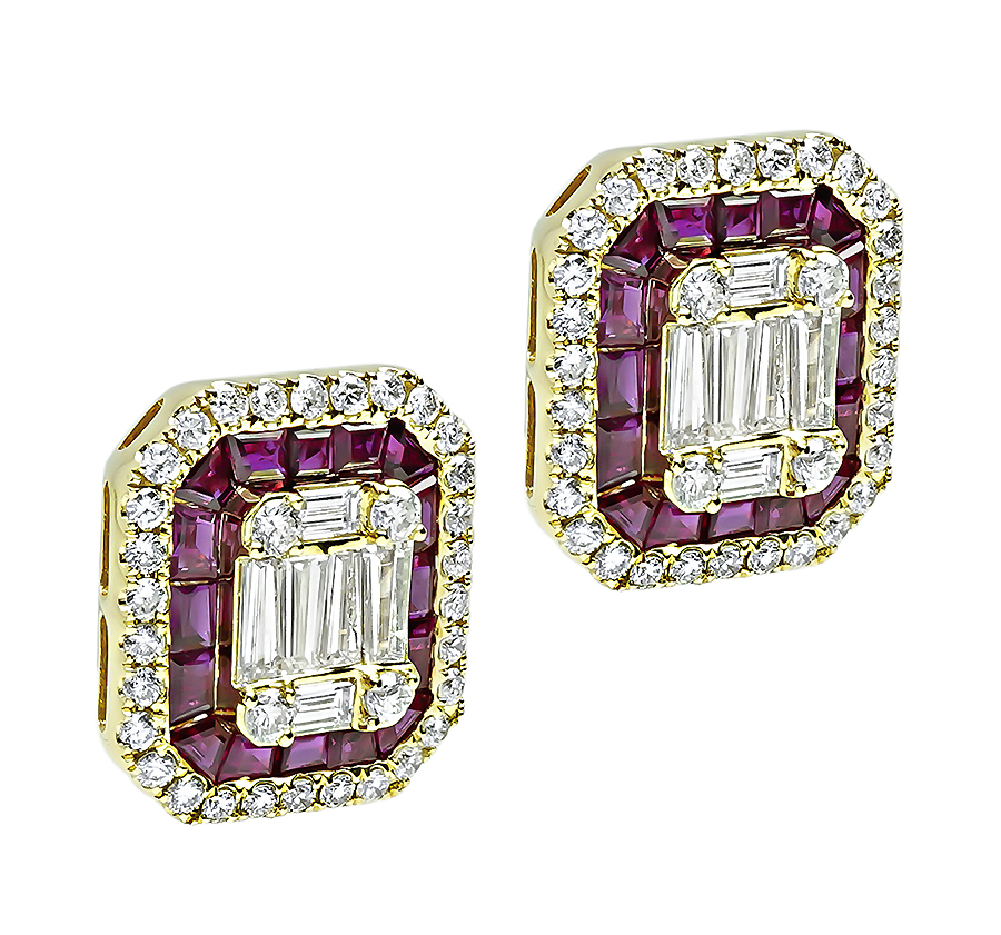 Estate 2.00ct Diamond 1.50ct Ruby Gold Stud Earrings