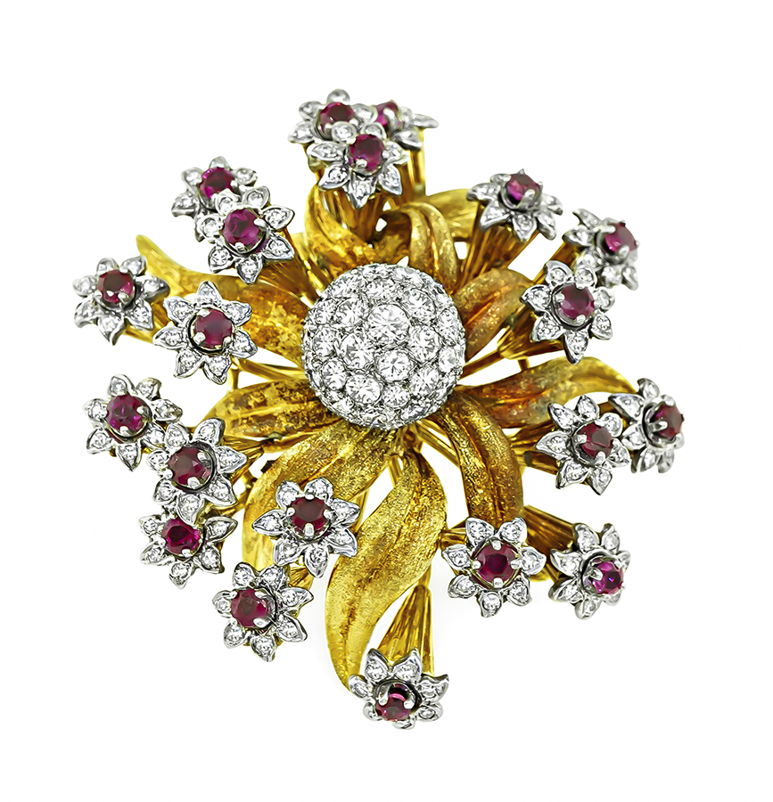 Estate Edwin Pearl 4.00ct Diamond 2.00ct Ruby Gold Flower Pin