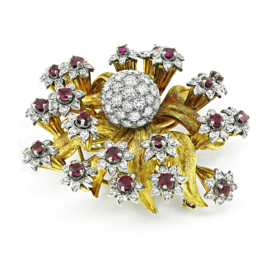 Estate Edwin Pearl 4.00ct Diamond 2.00ct Ruby Gold Flower Pin