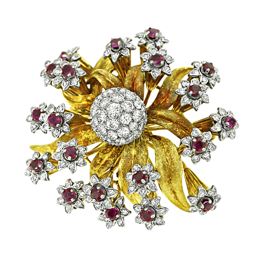 Estate Edwin Pearl 4.00ct Diamond 2.00ct Ruby Gold Flower Pin