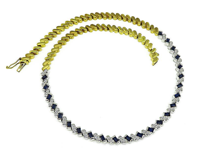 Estate 2.00ct Diamond 1.50ct Sapphire Two Tone Yellow and White Gold Necklace