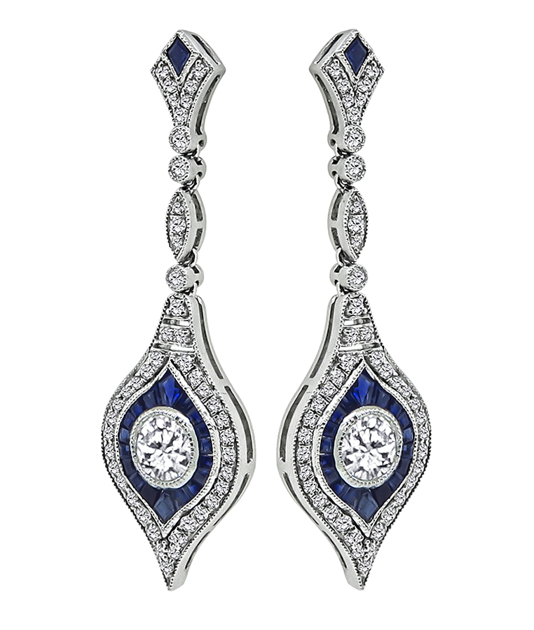 Estate 1.80ct Diamond 1.00ct Sapphire Dangling Earrings