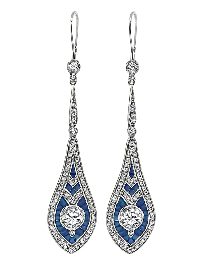 Estate 1.89ct Diamond 1.00ct Sapphire Gold Drop Earrings