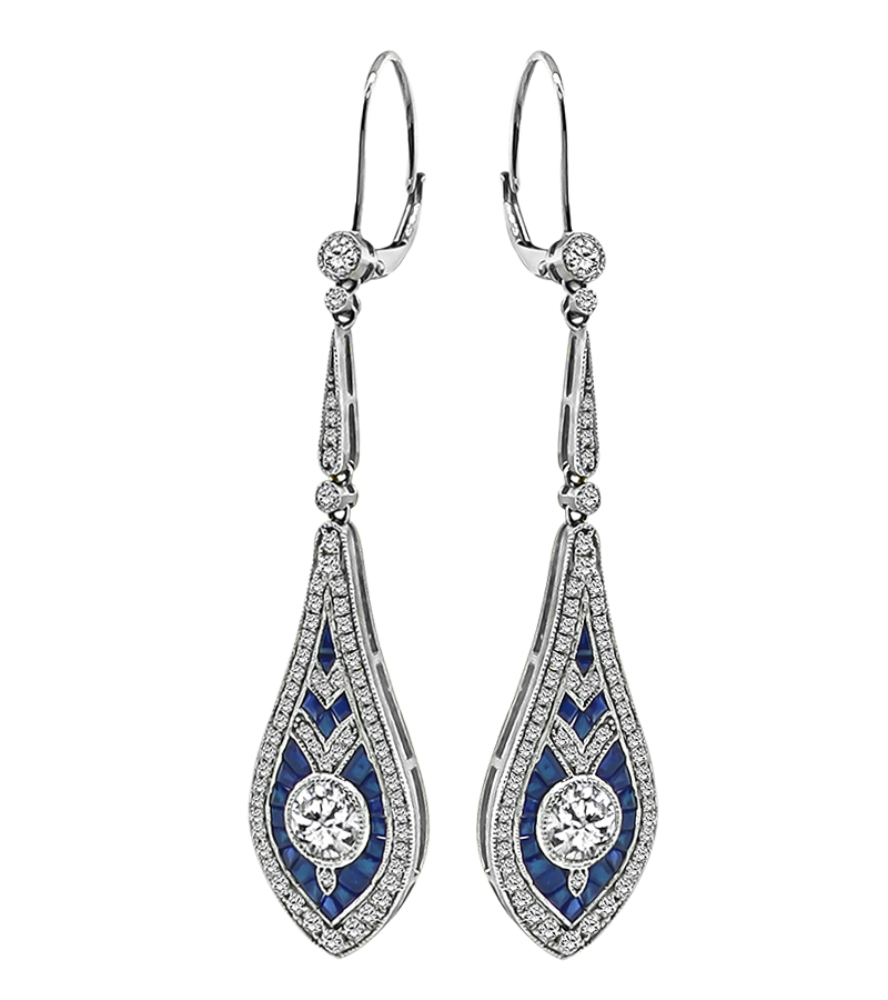 Estate 1.89ct Diamond 1.00ct Sapphire Gold Drop Earrings