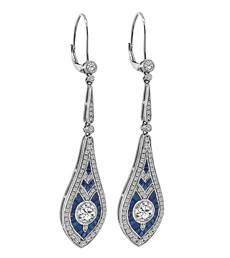 Estate 1.89ct Diamond 1.00ct Sapphire Gold Drop Earrings