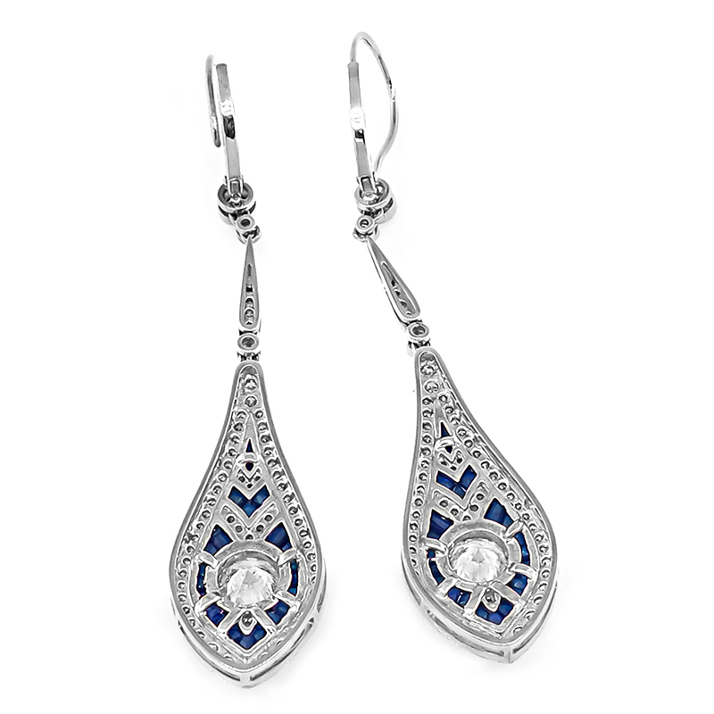 Estate 1.89ct Diamond 1.00ct Sapphire Gold Drop Earrings