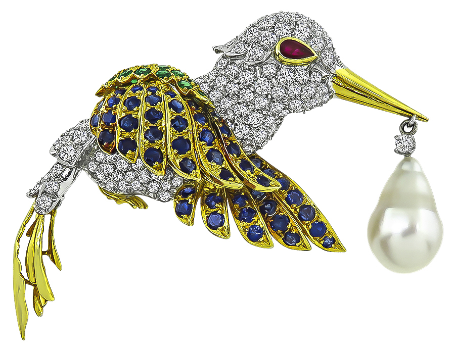 Estate 6.50ct Diamond 4.50ct Sapphire 1.00ct Emerald South Sea Pearl Humming Bird Pin