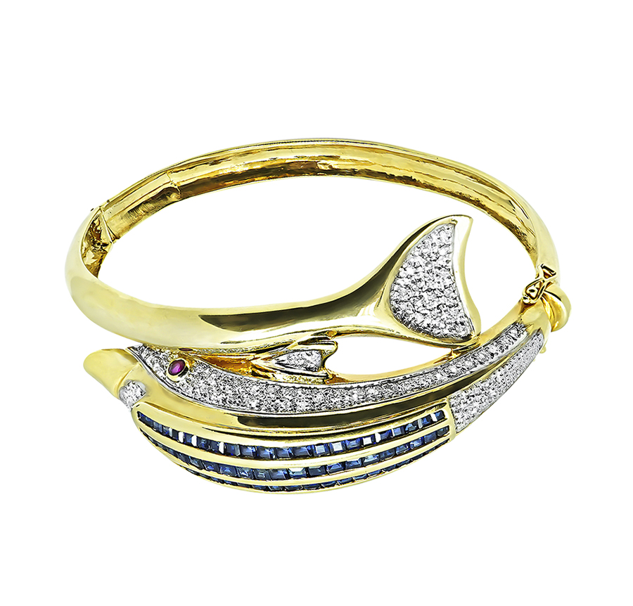 Estate 1.00ct Diamond 2.00ct Sapphire Gold Dolphin Bangle