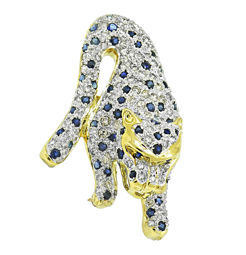 Estate 2.00ct Diamond 1.50ct Sapphire Gold Panther Pin