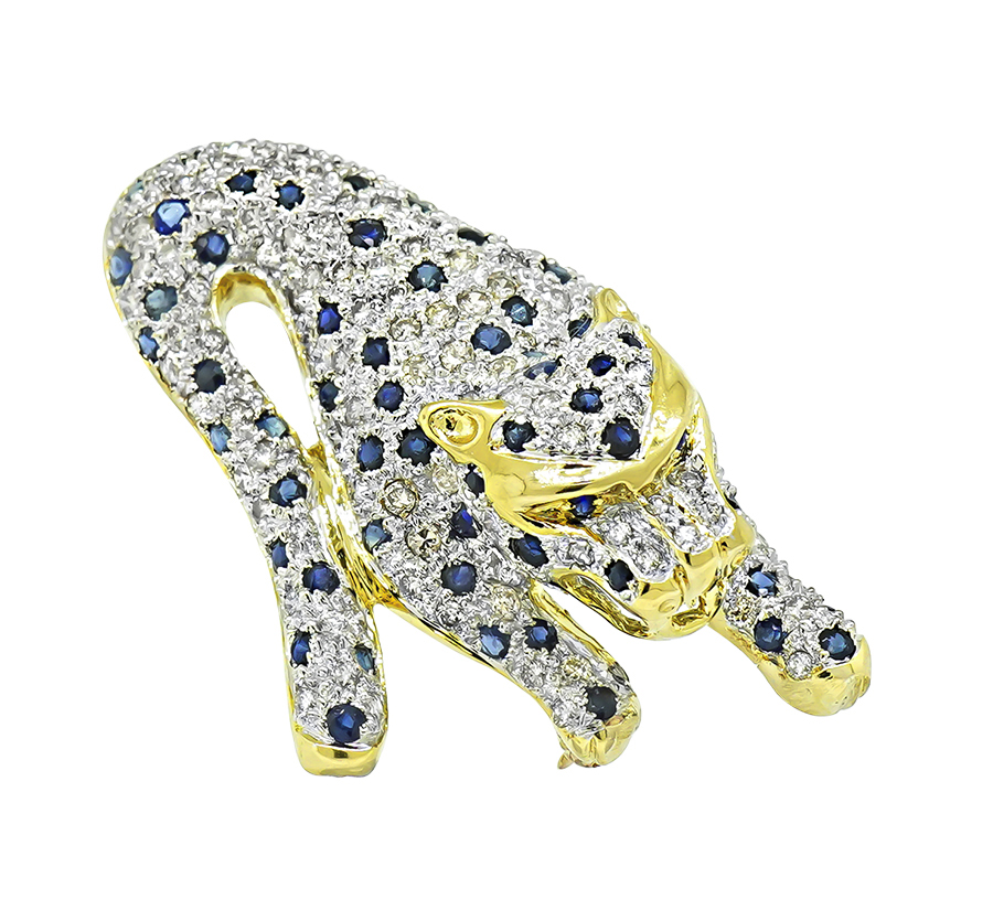 Estate 2.00ct Diamond 1.50ct Sapphire Gold Panther Pin