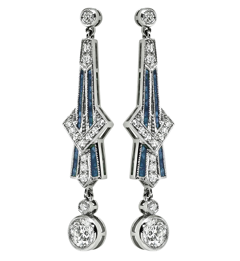 Art Deco Style 1.90cttw Diamond 0.83ct Sapphire Drop Earrings