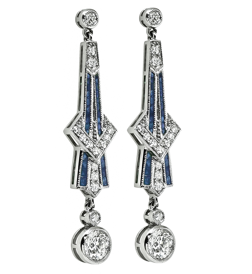 Art Deco Style 1.90cttw Diamond 0.83ct Sapphire Drop Earrings