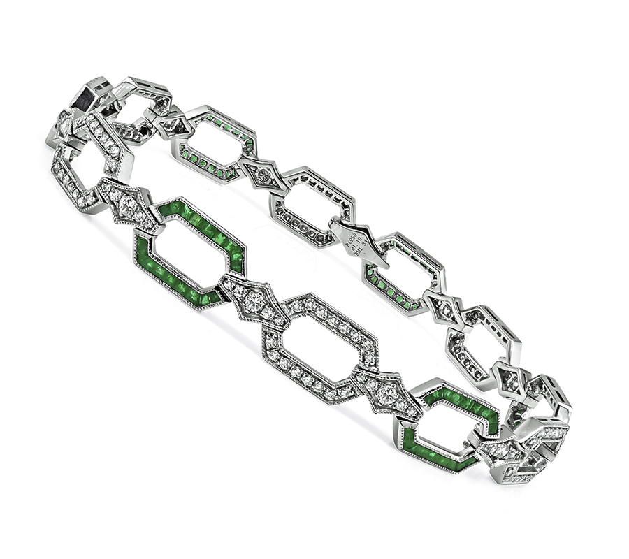 Art Deco Style 1.19ct Diamond 1.34ct Emerald Bracelet