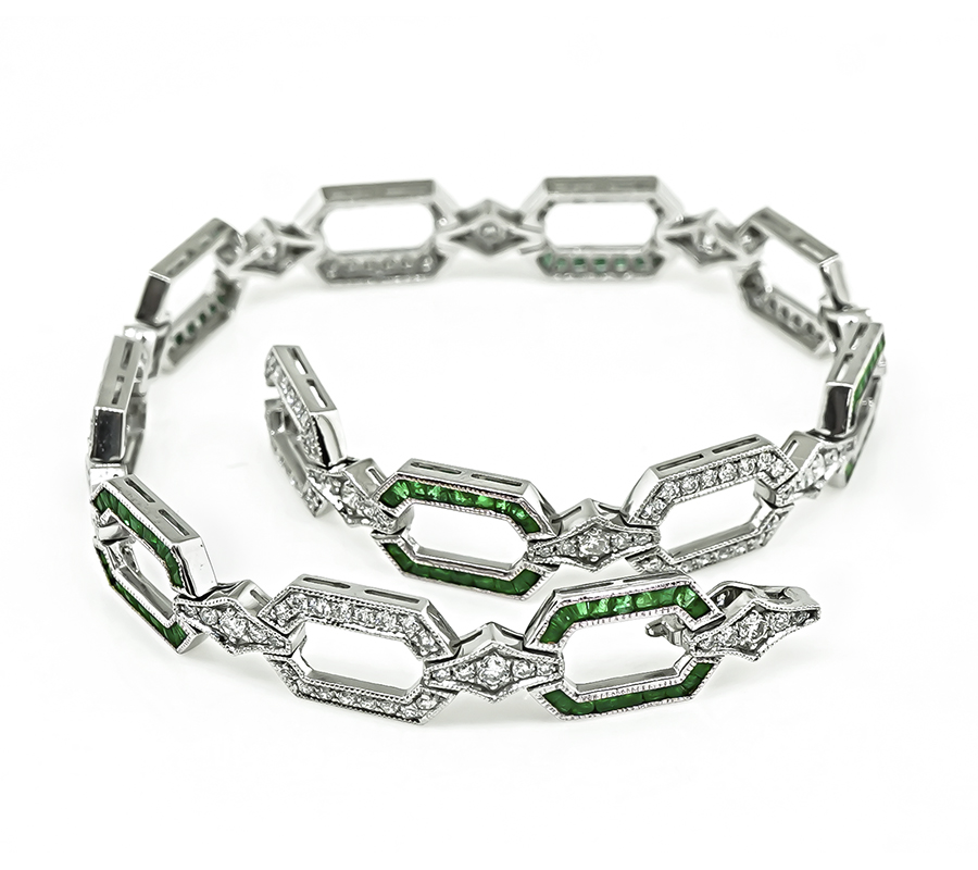 Art Deco Style 1.19ct Diamond 1.34ct Emerald Bracelet