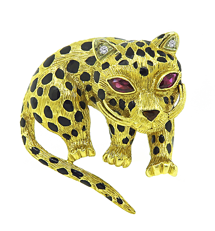 Estate Enamel Diamond Ruby Gold Cat Pin