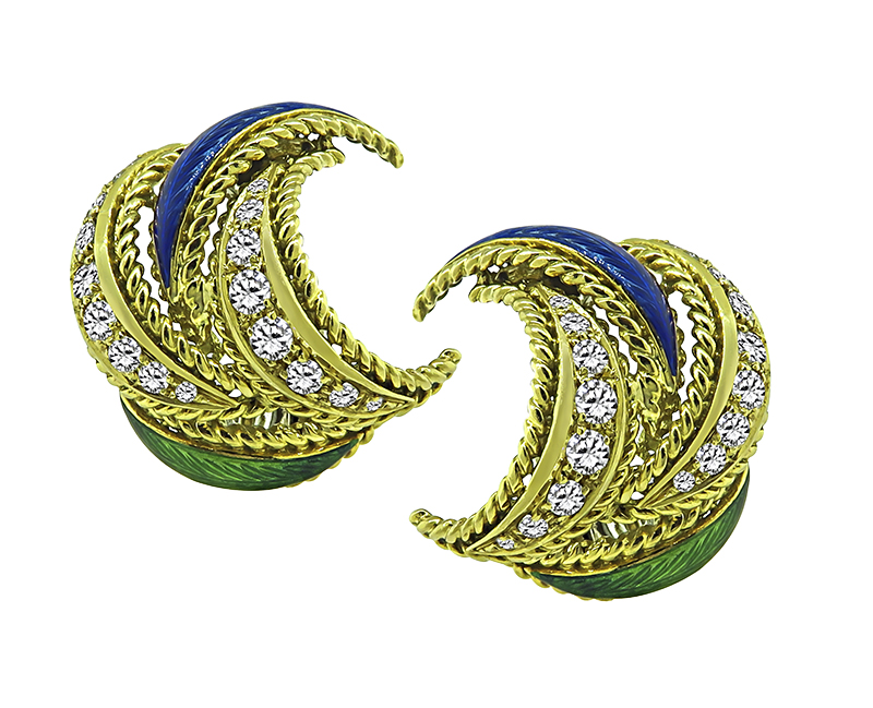 Estate 3.25ct Diamond Enamel Yellow Gold Pin and Earrings Set