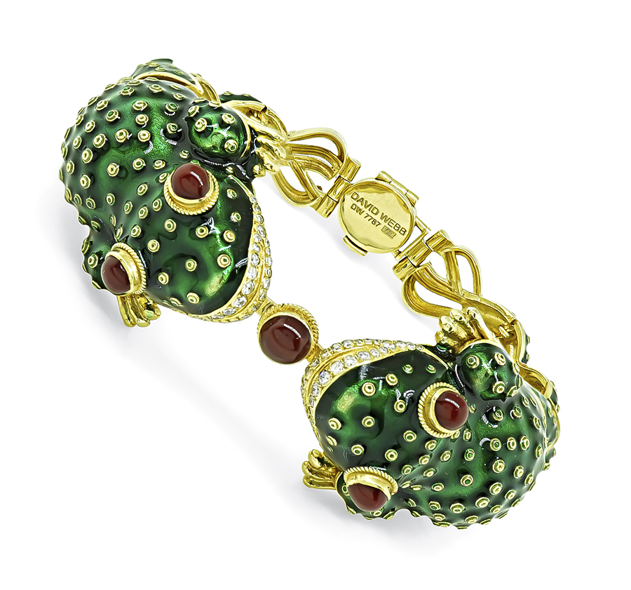 Vintage Diamond Ruby Enamel Frog Bracelet